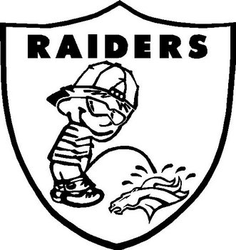 Raiders Shield with calvin peeing on Broncos, Vinyl decal Sticker