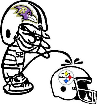Ravens, football helmet, Calvin peeing on the Steelers Helmet, Full color and vinyl cut decal